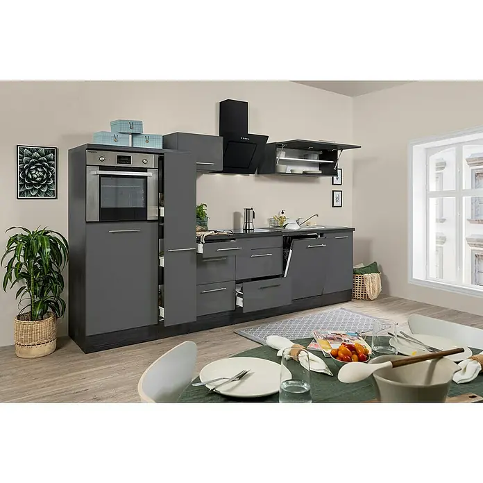 Respekta Premium Küchenzeile RP310HEGBO - Breite: 310 cm, Grau, Mit Elektrogeräten - Moderne graue Küche mit Einbaugeräten und offenem Schubladensystem für optimalen Stauraum und stilvolles Design.