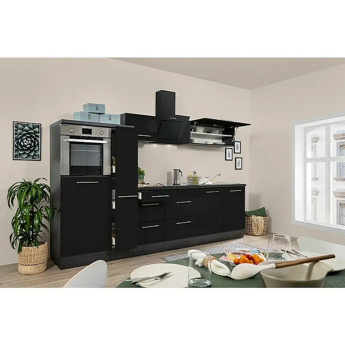 Respekta Premium Küchenzeile RP300HESBO - Breite: 300 cm, Schwarz, Mit Elektrogeräten - Moderne Küche mit schwarzen Schränken, integriertem Ofen und Dunstabzugshaube. Ein stilvolles Design für zeitgemäße Küchen.