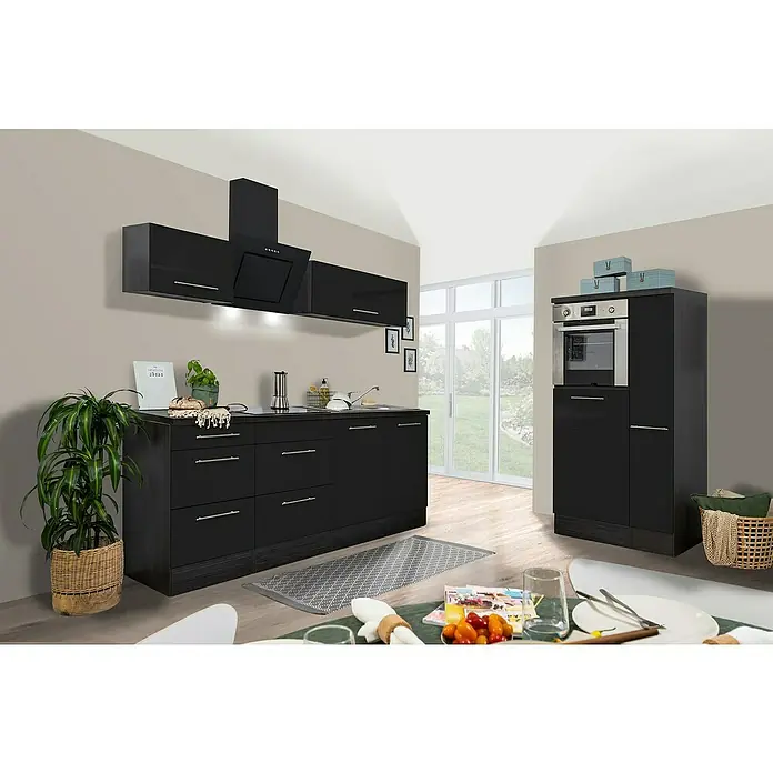 Respekta Premium Küchenzeile RP300HESBO - Breite: 300 cm, Schwarz, Mit Elektrogeräten - Elegante schwarze Küche mit modernen Geräten und viel Stauraum, ideal für stilvolles Kochen und Genießen. Die dunklen Fronten wirken sehr edel.