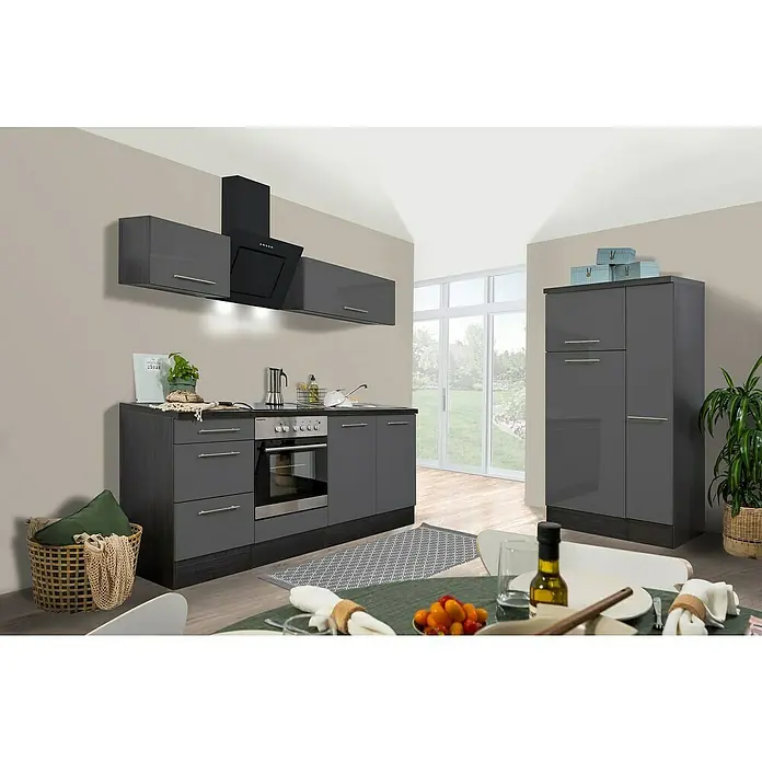 Respekta Premium Küchenzeile RP300EGCBO - Breite: 300 cm, Grau, Mit Elektrogeräten - Graue Küche mit modernen Schränken und Geräten. Das Interieur ist stilvoll und funktional gestaltet.
