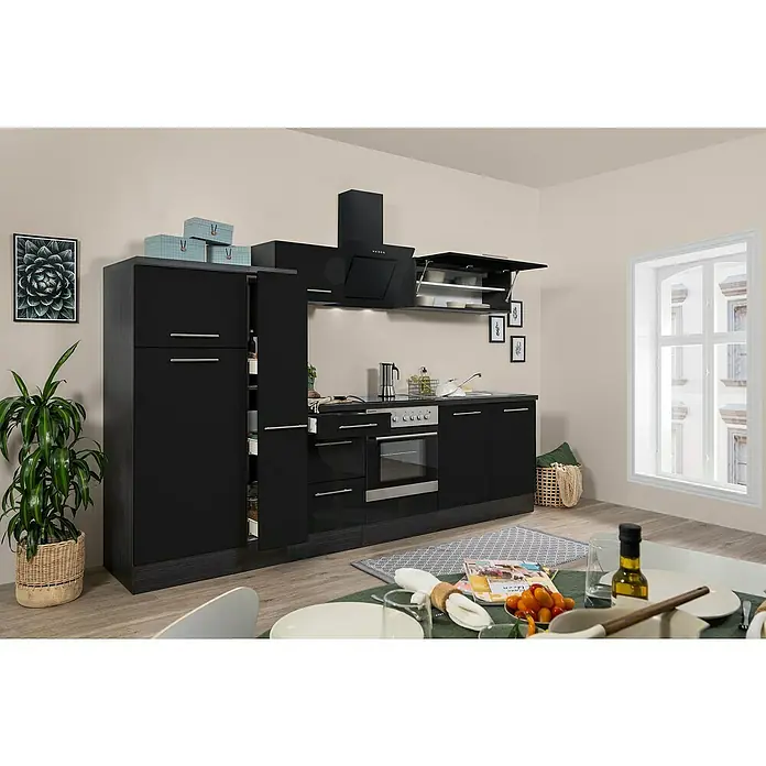 Respekta Premium Küchenzeile RP300ESCBO - Breite: 300 cm, Schwarz, Mit Elektrogeräten - Eine moderne, schwarze Küchenzeile mit Dunstabzugshaube, eingebautem Ofen und hochglänzenden Fronten, ideal für stilbewusste Küchen.