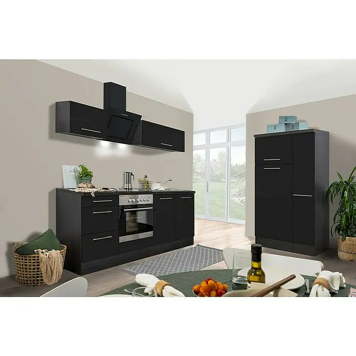 Respekta Premium Küchenzeile RP300ESCBO - Breite: 300 cm, Schwarz, Mit Elektrogeräten - Moderne schwarze Küche mit Hängeschränken, Dunstabzugshaube und Esstisch mit Gedeck für ein stilvolles Zuhause.