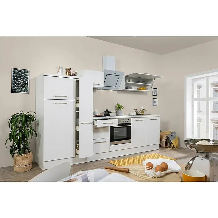 Respekta Premium Küchenzeile RP300WWCBO - Breite: 300 cm, Weiß, Mit Elektrogeräten - Elegante Küche mit weißen Schränken, Dunstabzugshaube und modernen Geräten für ein stilvolles Kocherlebnis.