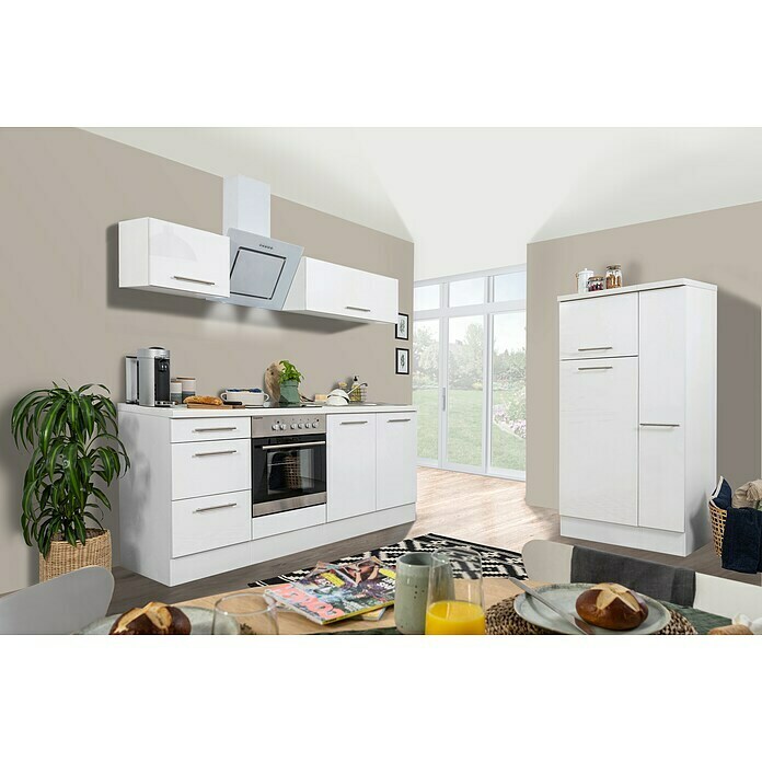 Respekta Premium Küchenzeile RP300WWCBO (Breite: 300 cm, Mit Elektrogeräten, Weiß Hochglanz)