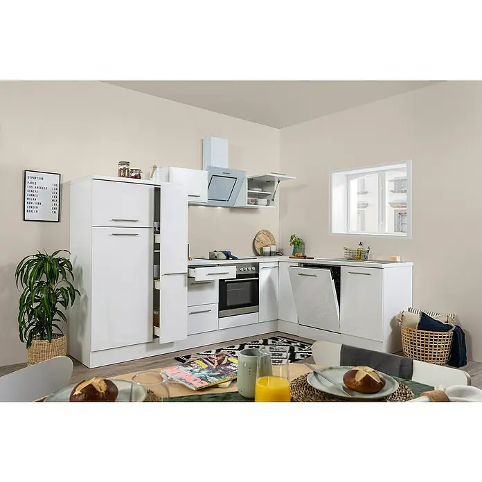 Respekta Premium Winkelküche RP290WWCBO - B x T: 290 x 200 cm, Weiß, Mit Elektrogeräten - Helle Küche mit weißen Schränken, modernen Geräten und einer gemütlichen Essecke, die Funktionalität und Stil vereint.