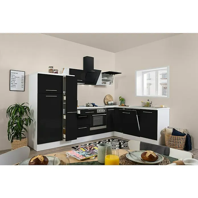 Respekta Premium Winkelküche RP290WSCBO - B x T: 290 x 200 cm, Schwarz, Mit Elektrogeräten - Eine moderne Küche in Schwarz und Weiß, ausgestattet mit modernen Geräten und stilvollen Akzenten, die eine helle und einladende Atmosphäre schafft.