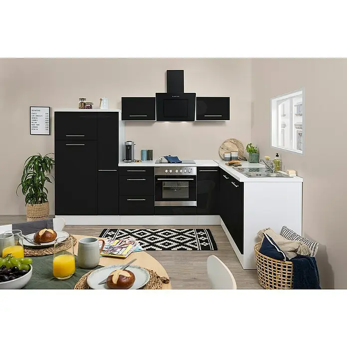 Respekta Premium Winkelküche RP290WSCBO - B x T: 290 x 200 cm, Schwarz, Mit Elektrogeräten - Moderne Küche mit schwarzen Hochglanzfronten, weißen Arbeitsplatten und einer Essecke mit Getränken und Gebäck. Elegantes Design für kulinarische Erlebnisse.