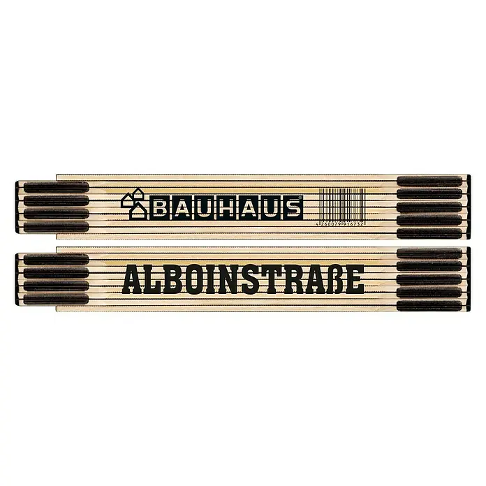 BAUHAUS Zollstock - ALBOINSTRASSE - Ein Zollstock mit dem Aufdruck "Bauhaus" und "Alboinstraße", ein nützliches Werkzeug für präzise Messungen und Bauprojekte.
