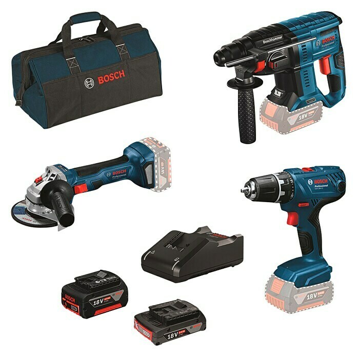 Bosch Maschinen-Set 3 Tool Kit18 V, 2 Ah - 4 Ah, 7 -tlg. Diagonal View