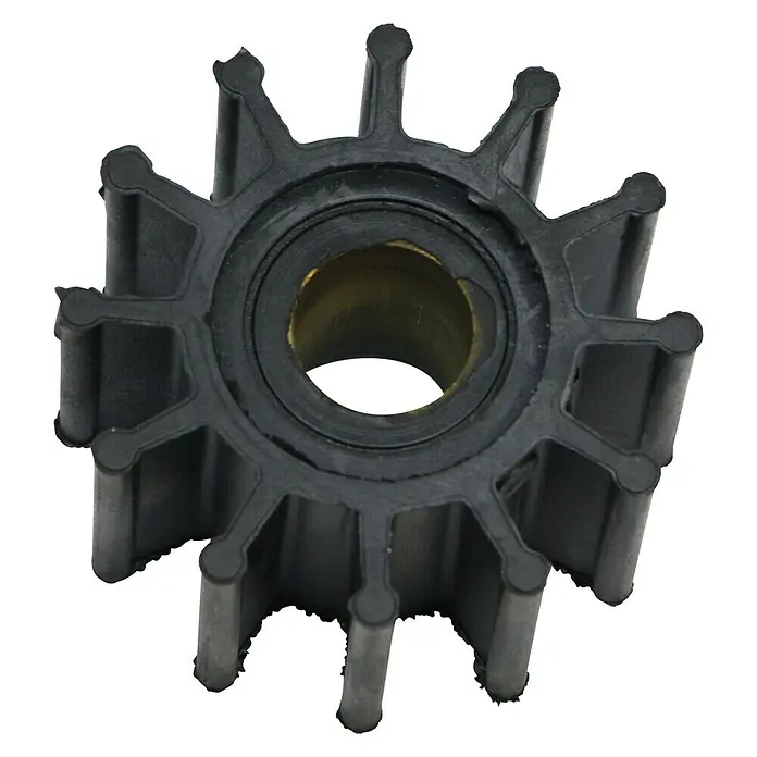Impeller - Ø x L: 57 x 31,6 mm, Wellendurchmesser: 15,93 mm - Detailaufnahme eines schwarzen Impellers mit Bronzebuchse, ein wesentliches Bauteil für Wasserpumpen.