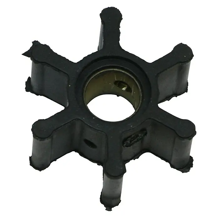Impeller - Ø x L: 39,6 x 19,2 mm, Wellendurchmesser: 12 mm - Eine detaillierte Nahaufnahme eines schwarzen Wasserpumpenrades mit sechs Flügeln und einer metallenen Nabe in der Mitte.