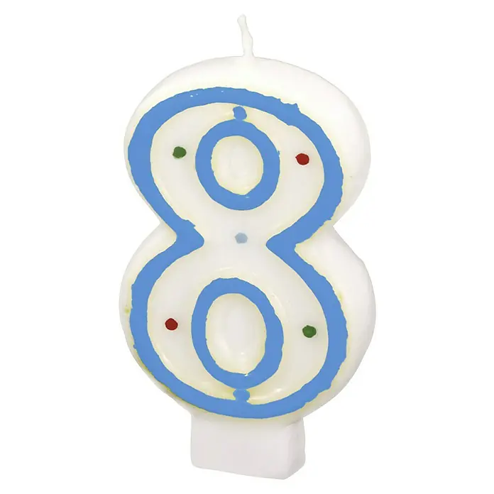 Kerze Zahlenkerze - Motiv: 8, Bunt, 7,3 cm - Kerzenbild mit der Nummer 8, die mit einem blauen Umriss und bunten Punkten verziert ist, ideal für Geburtstagsfeiern.
