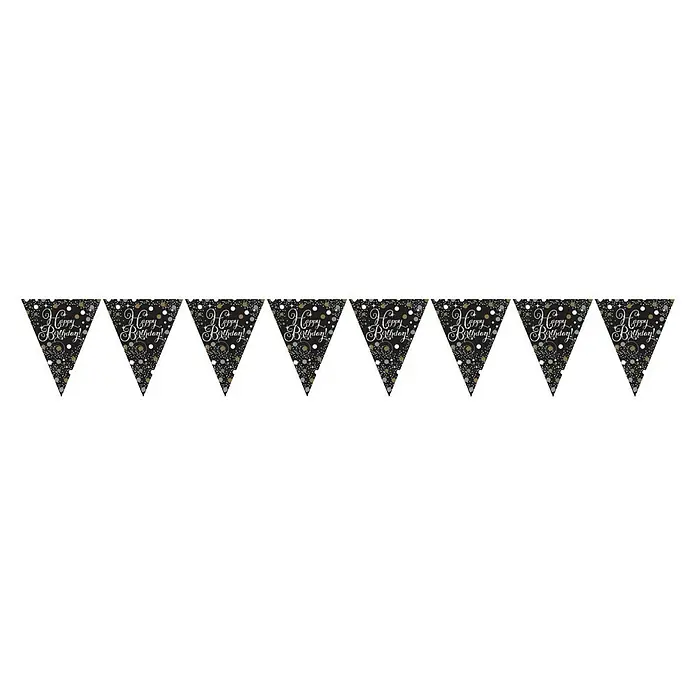 Girlande Wimpelkette - 396 cm, Gold/Schwarz, Happy Birthday, Papier - Festliche Girlande mit "Happy Birthday" Schriftzug, ideal für Geburtstagsfeiern und Dekorationen.