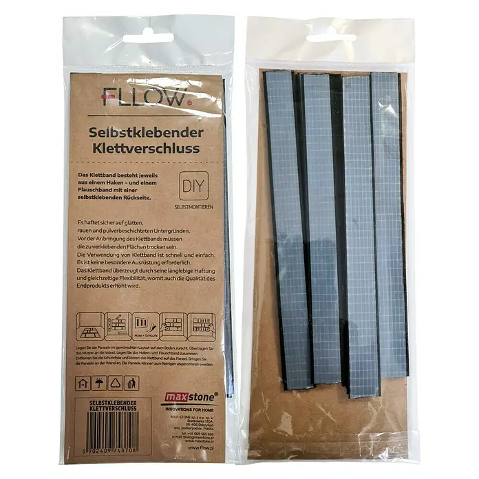 Fllow Klettband - Schwarz, 6 Stk. - Selbstklebendes Klettband-Set von Fllow/Maxstone. Ideal für die Wandbefestigung von Paneelen, schnell und einfach anzubringen.