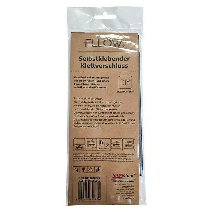 Fllow Klettband - Schwarz, 6 Stk. - Verpackung für selbstklebenden Klettverschluss von Fllow/Max Stone. Das Produkt ist für die DIY-Montage und haftet auf verschiedenen Oberflächen.
