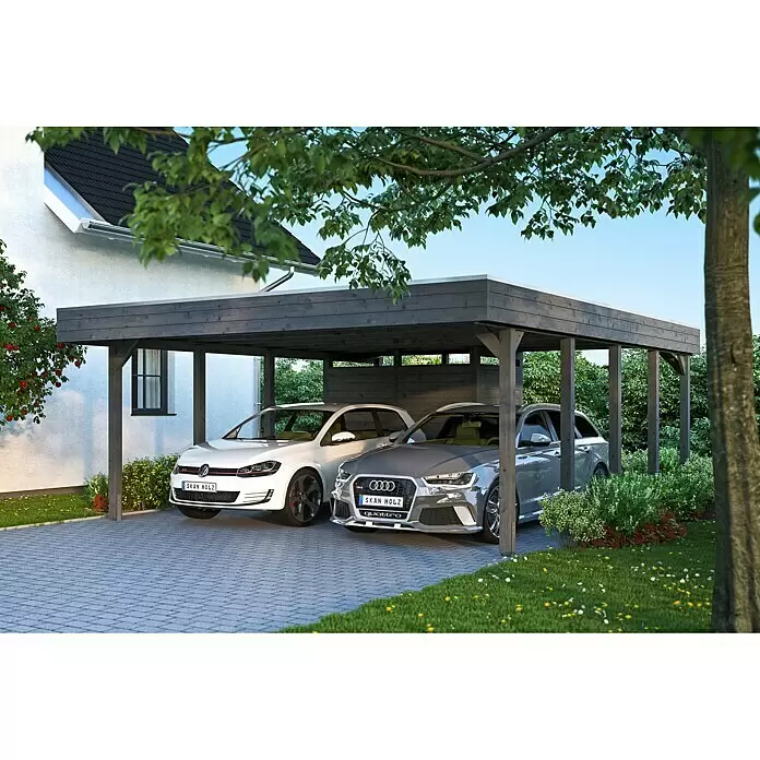SKAN HOLZ Carport Friesland - Außenmaß inkl. Dachüberstand (B x T): 5,57 x 5,55 m, Doppelcarport, Schiefergrau, Aluminium-Dachplatten - Stimmungsaufnahme