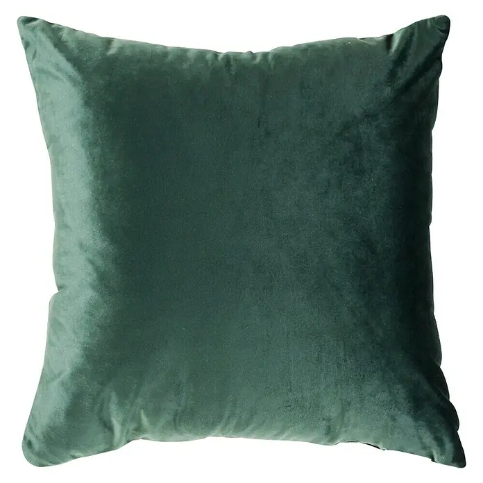 Cojín Velvet - 45 x 45 cm, Textil, Turquesa - Primer plano de un cojín cuadrado de terciopelo verde esmeralda con una textura suave sobre un fondo neutro.