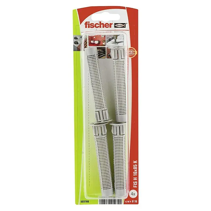 Fischer Taco perforado FIS HK - Longitud taco: 85 mm, Diámetro taco: 16 mm, 4 ud. - Una foto de un paquete de manguitos de anclaje de inyección Fischer FIS H 16x85 K, de nailon, utilizados para fijaciones seguras en mampostería.