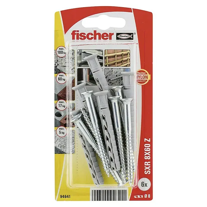 Fischer Taco largo SXR-Z - Longitud taco: 60 mm, Diámetro taco: 8 mm, Con tornillos, 6 ud. - Paquete de anclajes Fischer SXR 8x60 Z con tornillos, adecuado para diversos materiales y clases de peso, carga máx. de 100 kg.