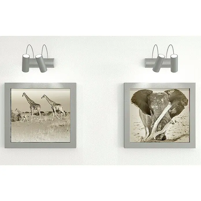 Fischer Taco para cartón yeso GK WH - Longitud taco: 22 mm, Con gancho, 5 ud. - Decoración de pared con dos fotos de animales enmarcadas y dos lámparas de pared grises que iluminan las fotos. Decoración de vida salvaje africana.