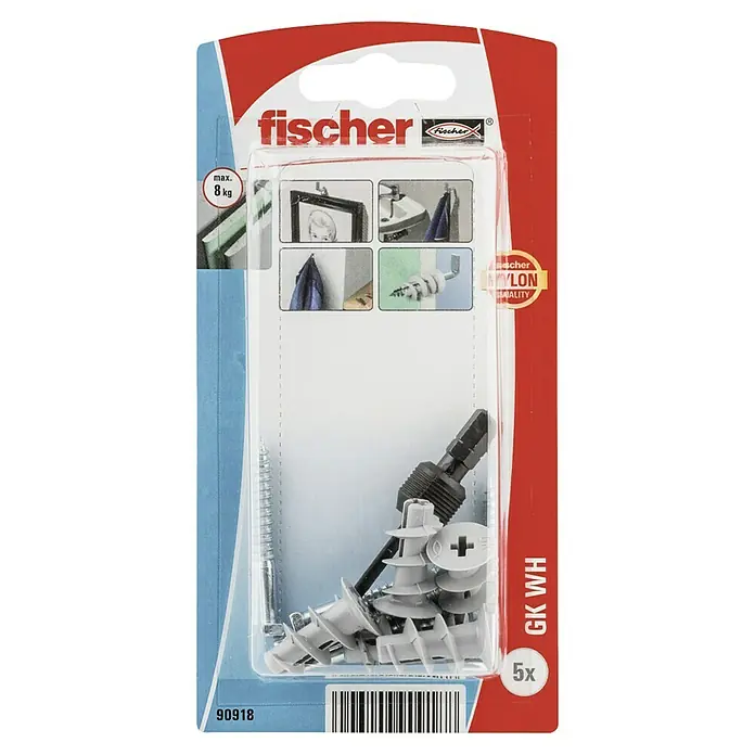 Fischer Taco para cartón yeso GK WH - Longitud taco: 22 mm, Con gancho, 5 ud. - Tacos para pladur Fischer GK WH con tornillos, diseñados para fijaciones ligeras en paneles de yeso. Incluye herramienta de ajuste para una instalación fácil.
