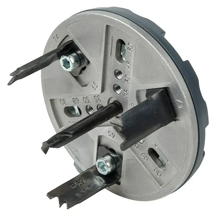 Wolfcraft Sierra de corona 5985000 - Diámetro: 35 mm - 80 mm - Cortacirculos Wolfcraft con tres hojas y broca, ideal para cortes circulares precisos en diversos materiales.