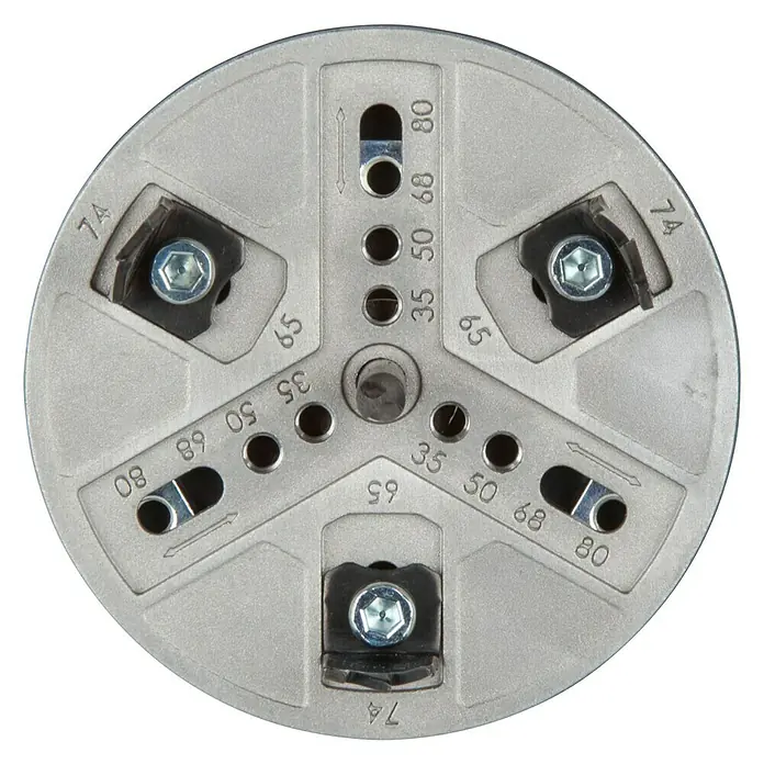 Wolfcraft Sierra de corona 5985000 - Diámetro: 35 mm - 80 mm - Primer plano de una placa de metal redonda con marcas numéricas y herrajes de montaje.