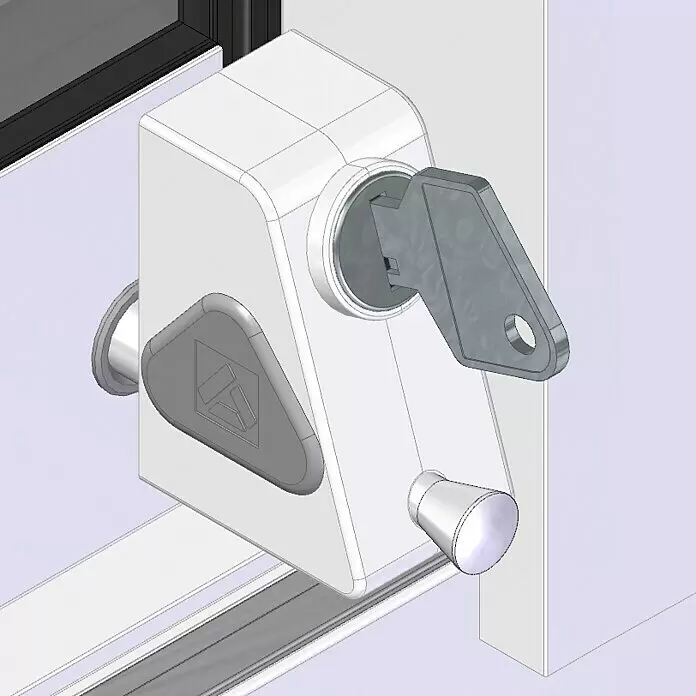 Cierre de seguridad para ventanas - Blanco, Ventanas correderas, Tipo de bloqueo: Llave - Cerradura blanca para puerta corredera con llave metálica insertada, fijada a un marco.