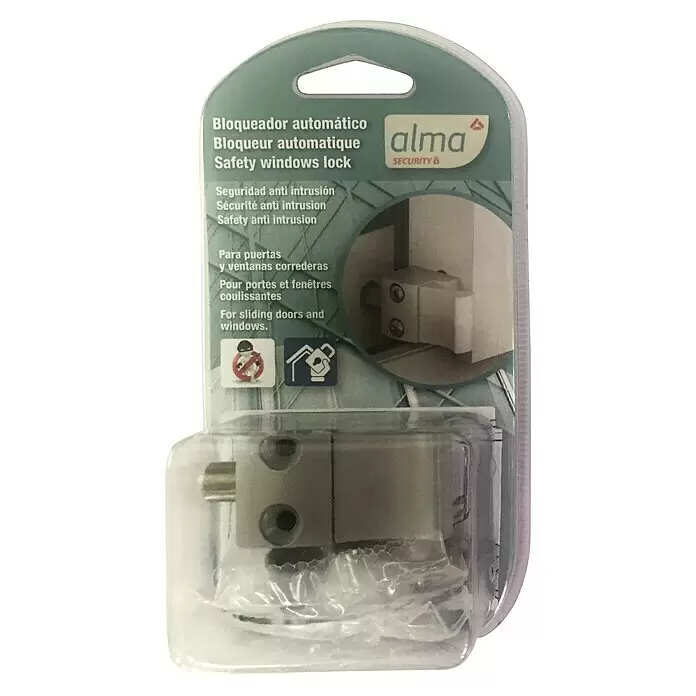 Cierre de seguridad para ventanas - Blanco, Apto para: Ventanas correderas, Bloqueo automático - Cerradura de seguridad gris para puertas y ventanas correderas, en envase blíster transparente sobre cartón verde. Ofrece seguridad antirrobo.