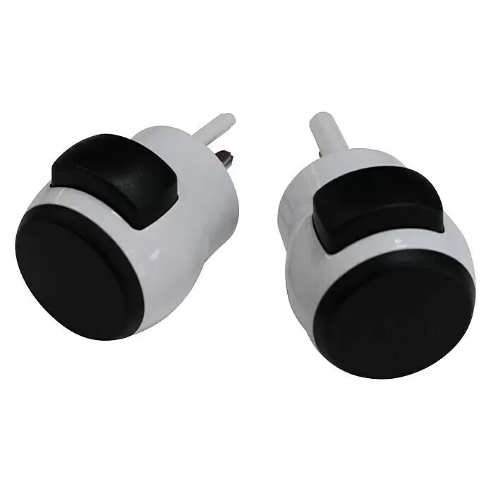 Pomo para puerta 11/70 - Aluminio, Blanco/Negro - Dos ruedas giratorias blancas y negras con pasadores de montaje integrados para la movilidad de muebles.