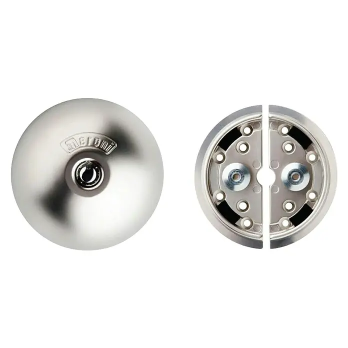 Cerradura UFO - Acero - En la imagen se muestran las dos partes de una roseta redonda para pomo de puerta Meroni de níquel satinado para montar en puertas.