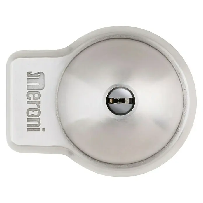 Cerradura UFO+ - Acero - Primer plano de una cerradura Meroni con un acabado plateado.