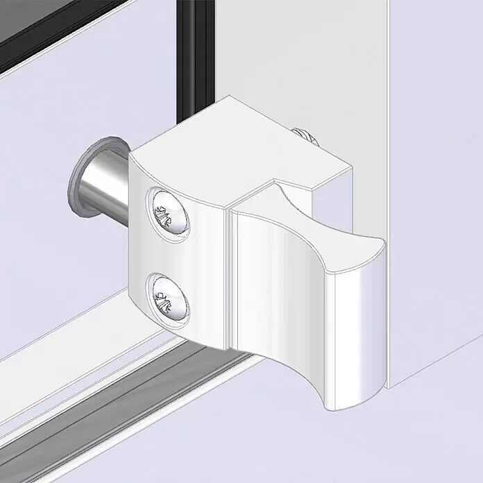 Cierre de seguridad para ventanas - Blanco, Apto para: Ventanas correderas, Bloqueo automático - Soporte metálico plateado con dos tornillos y agarre curvo, conectando una varilla a un marco.