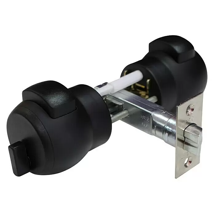 Pomo para puerta 12/70 - Aluminio, Negro, Pestillo de cierre - Juego de manija de puerta negra con cerradura de privacidad y mecanismo de pestillo plateado.