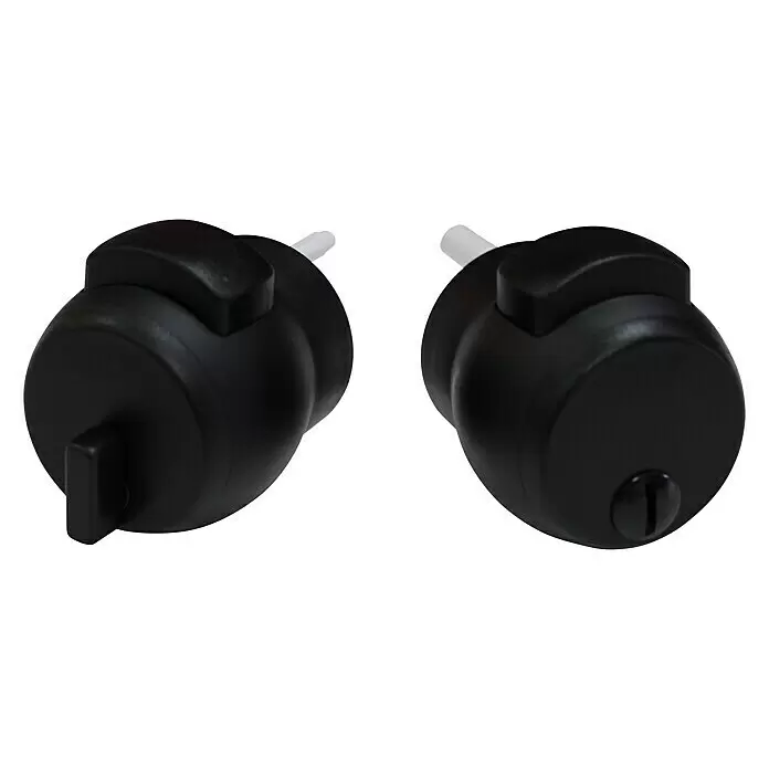 Pomo para puerta 12/70 - Aluminio, Negro, Pestillo de cierre - Dos cilindros de cerradura negra, uno con pomo giratorio y el otro con ranura para llave.