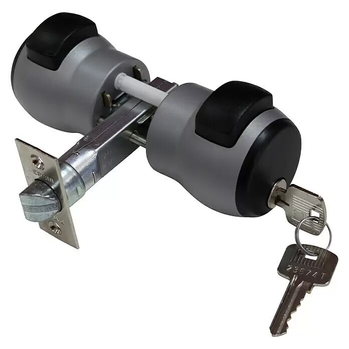 Pomo para puerta 12/70 - Aluminio, Plata/Negro, Pestillo de cierre - Mecanismo de cerradura de puerta plateado y negro con llave insertada y llave de repuesto en un anillo. Con vástago cuadrado y pestillo.