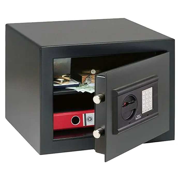 Burg-Wächter Caja fuerte Home Safe H 210 E - Candado de combinación electrónico, con comprobación VdS, con certificación ECB-S EN 1300, clase 2/B, L x An x Al: 376 x 402 x 278 mm, Negro - Una caja fuerte con la puerta abierta, mostrando objetos de valor como joyas, dinero y documentos, ofreciendo seguridad y protección contra el robo.