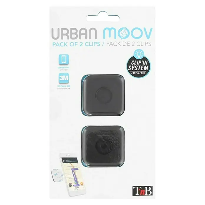 T'nB Almohadillas adhesivas - 2 ud., Negro - Un paquete de dos clips de soporte para teléfonos URBAN MOOV, con un sistema de clip para una instalación rápida y sencilla.