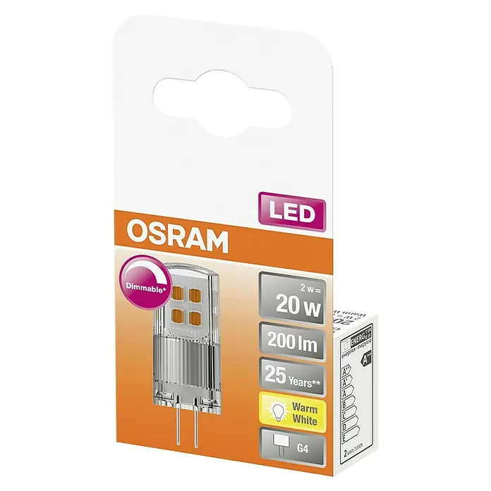 Osram Bombilla LED - G4, Intensidad regulable, Blanco cálido, 200 lm, 2 W - Imagen de una bombilla LED G4 de Osram, regulable, con 20W de potencia y luz blanca cálida, envasada en un blíster naranja.