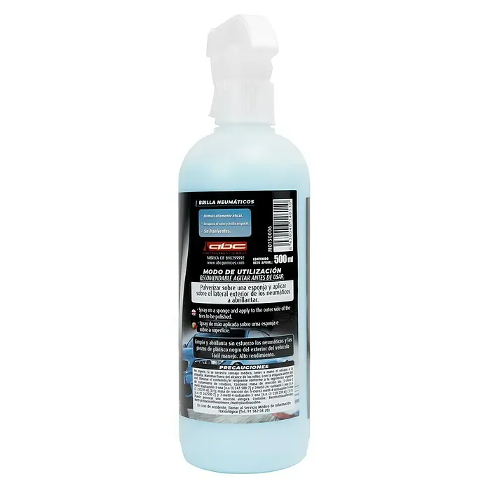 Abrillantador y protector de neumáticos MOT50006 - 500 ml - Imagen del producto de un frasco de spray para el cuidado de neumáticos "Brilla Neumáticos" de ABC, 500ml. Fórmula de alta eficacia.
