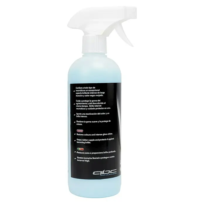 Abrillantador y protector de neumáticos MOT50006 - 500 ml - Imagen de una botella de spray ABC Car Cleaner que ofrece brillo y protección para neumáticos, mostrando etiqueta y boquilla.