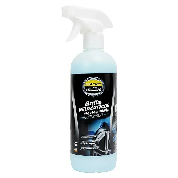 Abrillantador y protector de neumáticos MOT50006 - 500 ml - Imagen de una botella de spray de "abc car cleaners abrillantador de neumáticos".\n