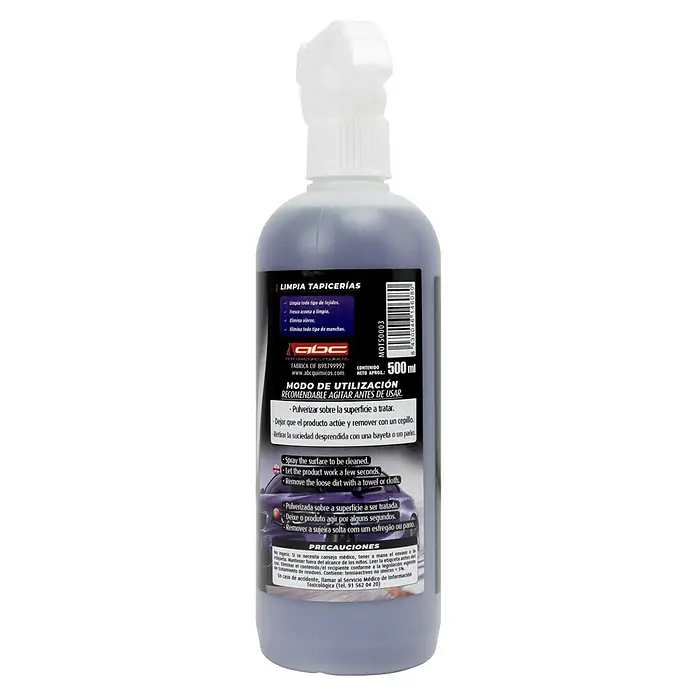 Limpiador para tapicería MOT50003 - 500 ml - Parte trasera de una botella de spray de limpiador de tejidos, que muestra la información del producto y las instrucciones de uso en la etiqueta.