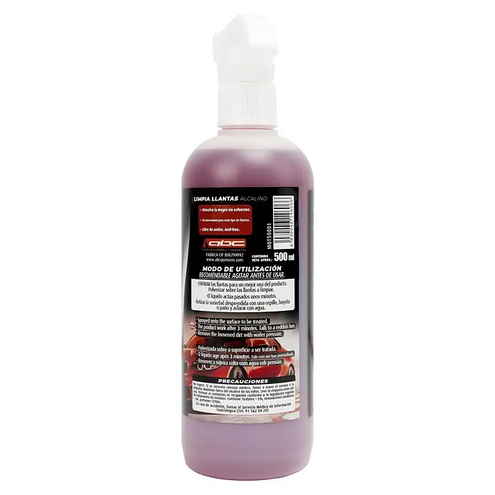 Limpiador de llantas MOT50001 - 500 ml - Vista posterior de una botella de 500 ml de limpiador de ruedas alcalino ABC, con información sobre cómo usarlo y precauciones.