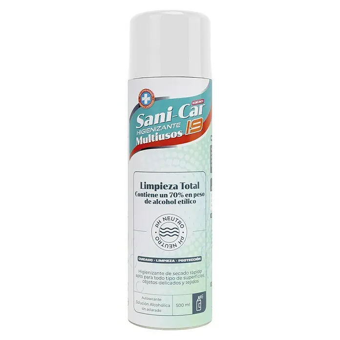 Limpiador multiusos Sani-Car - 650 ml - La imagen muestra un aerosol de Sani-Car Multiusos 19, un desinfectante para diversas superficies que contiene un 70% de alcohol.