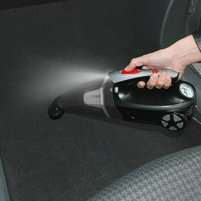 Aspirador de mano de batería Autovac - 50 W, Volumen de recipiente: 0,15 l - Aspiradora de mano con inflador de neumáticos para la limpieza del coche. El aparato es compacto, con manómetro y botón rojo.