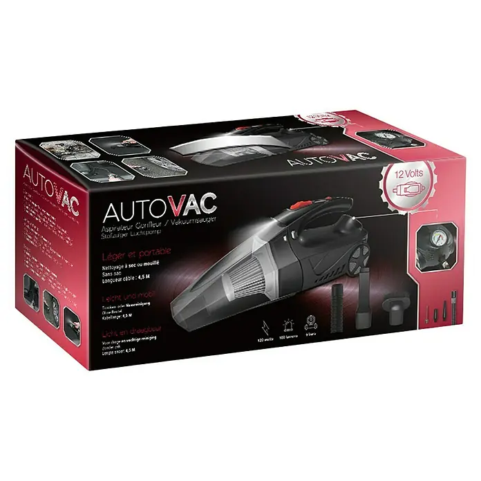 Aspirador de mano de batería Autovac - 50 W, Volumen de recipiente: 0,15 l - Imagen del embalaje de la aspiradora Autovac con accesorios y datos técnicos.