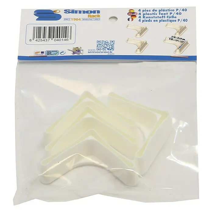 Simonrack Conjunto de pies de plástico para estanterías - Plástico, 4 ud. - Paquete de 4 pies de plástico blancos P/40 de Simon Rack. Estos pies proporcionan soporte estable y protección a tus estanterías.