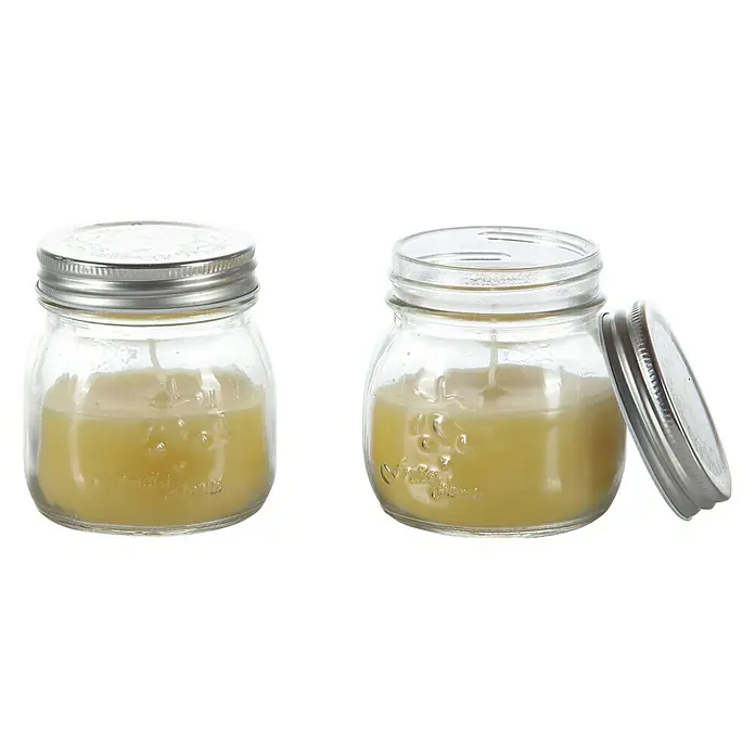 Duftkerze Citronella Potty im Glas - Ø x H: 8 x 9 cm - Zwei Duftkerzen im Einmachglas, eine geschlossen, die andere mit offenem Deckel, die das gelbe Wachs zur Geltung bringen.