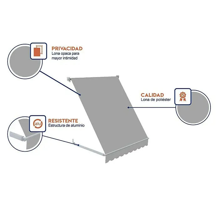 SmartSun Toldo ventana Essential - Gris, Ancho: 1,2 m, Caída: 1,2 m - Imagen de un toldo retráctil destacando la privacidad, lona de poliéster de calidad y estructura de aluminio resistente.